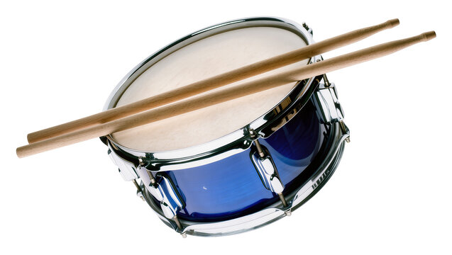 Blue snare drum with wooden drumsticks, isolated on transparent background