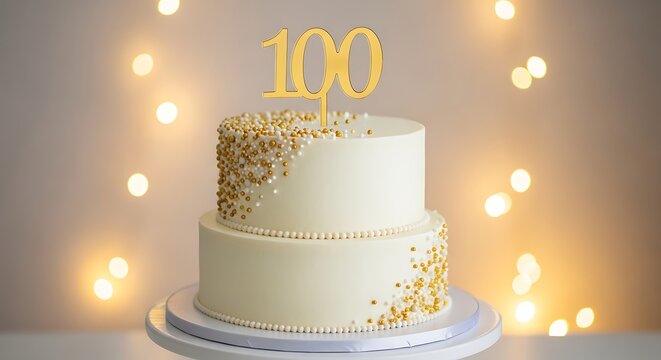 Elegant white two-tiered birthday cake with golden number 100 topper and pearl decorations