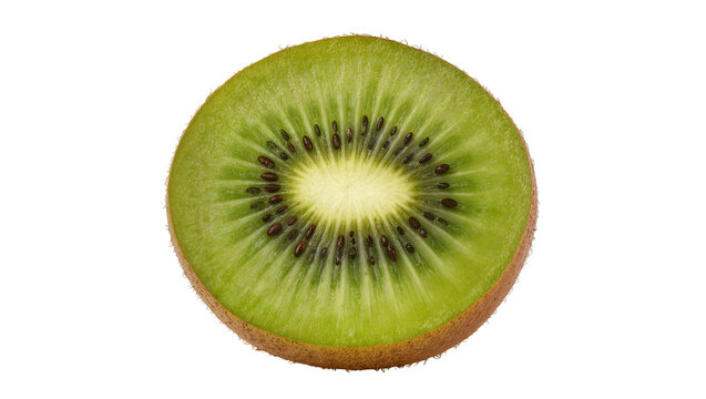 Fresh kiwi slice with brown fuzzy skin and tiny black seeds, isolated on transparent background