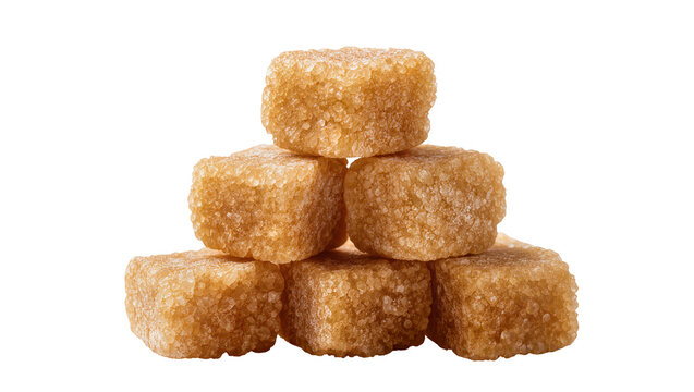 Stack of brown sugar cubes textured and granular, isolated on transparent background