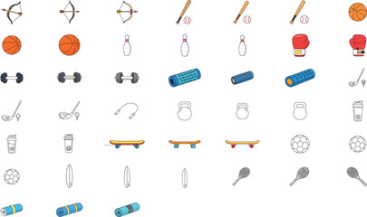 45 Sports and Fitness Vector Icon Collection Bundle. Minimalist Line Art of Gym Equipment, Ball Games, and Outdoor Activities. Features Editable Stroke for Customizable Line Weight and Design. © Ehtsham