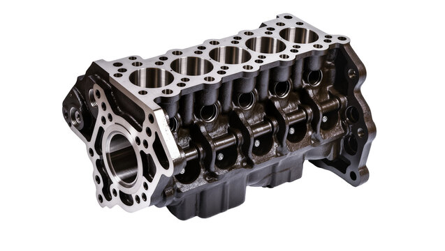 Heavy duty cast iron engine block with six cylinders, isolated on transparent background