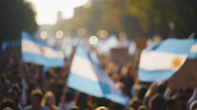 A blurred crowd of people waving Argentinian flags during an outdoor gathering, possibly a protest or national celebration.