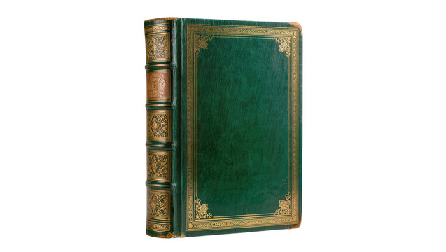 Ornate green leather bound book with gold embossed spine and cover, isolated on transparent background