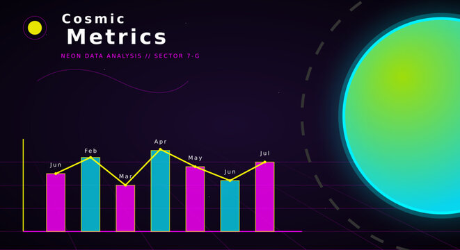 Cosmic Metrics data analysis vector background, futuristic space dashboard with bar chart and line graph, neon sci-fi information display ,vector illustration