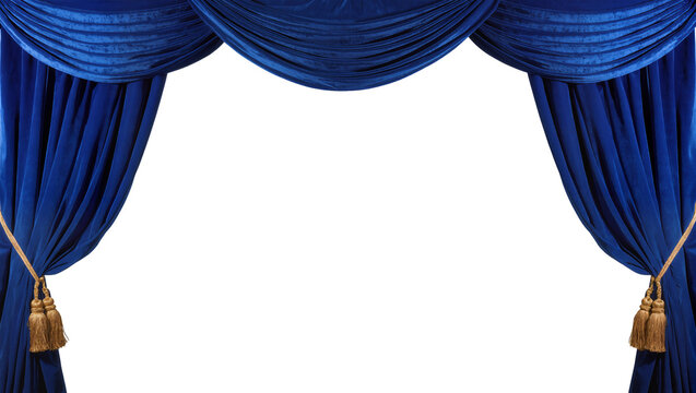Rich blue velvet curtains with gold tassels draped elegantly, isolated on transparent background