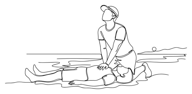 CPR First Aid Training and Life Saving Procedure on Beach, One Line Art Minimalist Illustration of Lifeguard Performing Emergency Resuscitation