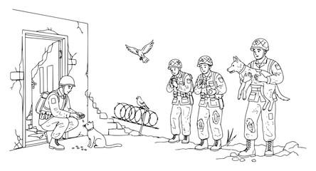 Obraz premium Soldiers Helping Animals in War Zone, Humanity and Compassion Concept, Army Men Rescuing Cat and Dog, One Line Art Minimalist Drawing