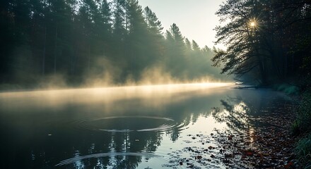 Naklejka premium Serene lake reflection with forest and mountain scenery at dusk