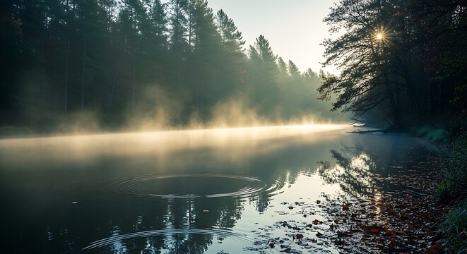 Serene lake reflection with forest and mountain scenery at dusk