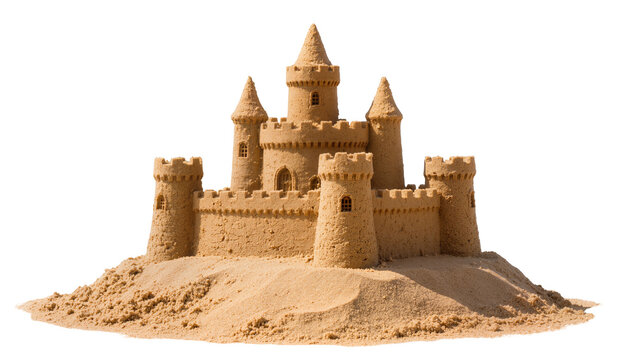 Intricate sandcastle with multiple towers and crenellations, isolated on transparent background