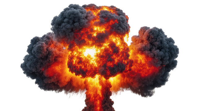 Massive fiery explosion with dark smoke plumes, isolated on transparent background