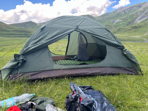 tent of hikers at the Lac d'Anterne in the alps, near Chamonix