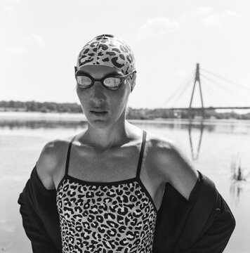 Focused Swimmer Portrait in River