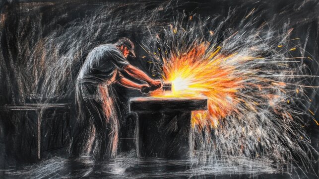A blacksmith forges metal, sparks flying in a dimly lit workshop