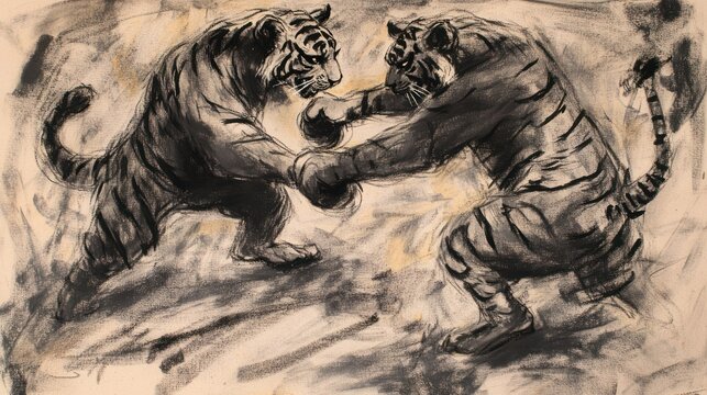 Dramatic charcoal sketch of two tigers engaged in a fierce battle, claws and fangs ready