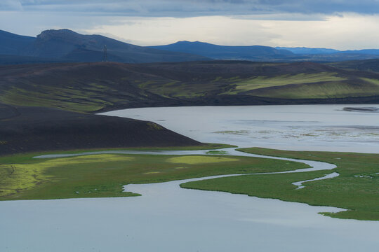 River flowing into volcanic lake in Iceland 