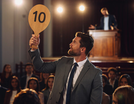 A person raises a wooden paddle with the number 10 at a live auction event. A blurred audience watches the auctioneer under spotlights during the bidding process for art or goods.