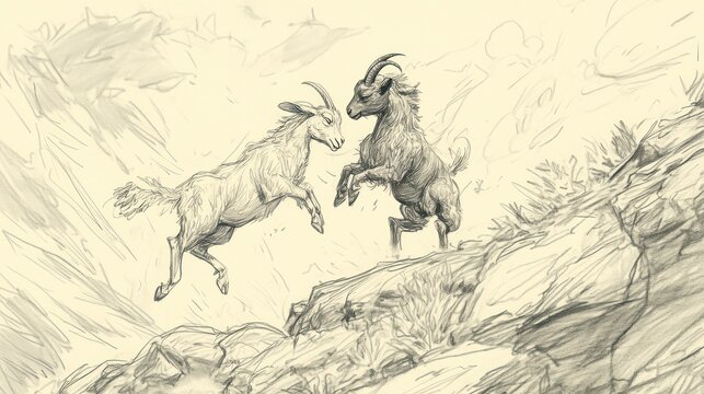 Two mountain animals, sketched in pencil, facing each other on a rocky incline