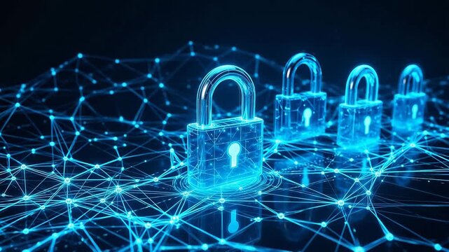 Blue glowing padlocks on network background symbolizing ecological sustainability and green energy