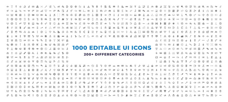 Mega Set of 1000 outline icons - wind energy, military airplane, soldier. editable vector for web and mobile ui. Multipurpose collection