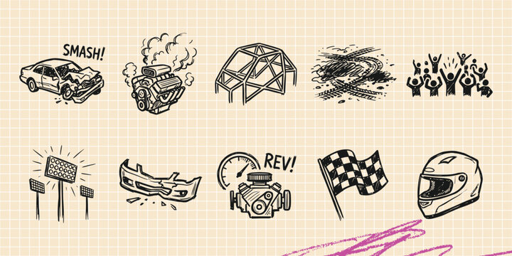 Black ink scribble doodle vector vintage hand drawn illustration of demolition derby auto racing. Wrecked car, track flags, and motorsport elements.