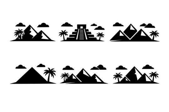 Silhouetted Stepped Pyramids from Ancient Mesoamerican and Pharaonic Traditions Paired with Swaying Palms and Drifting Clouds &mdash; Flat Travel and Heritage Icon Set for Cultural and Arid Landscape