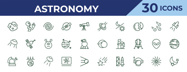 outline astronomy icons set - quasar, big ufo, observatory. editable vector for web and mobile ui © IconArt