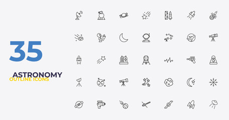 outline astronomy icons set - astronaut ingravity, asteroid, ufo flying. editable vector for web and mobile ui © IconArt