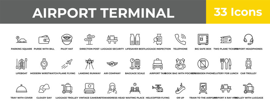 outline airport terminal icons set - plane flying, cloudy day, trolley with luggage. editable vector for web and mobile ui
