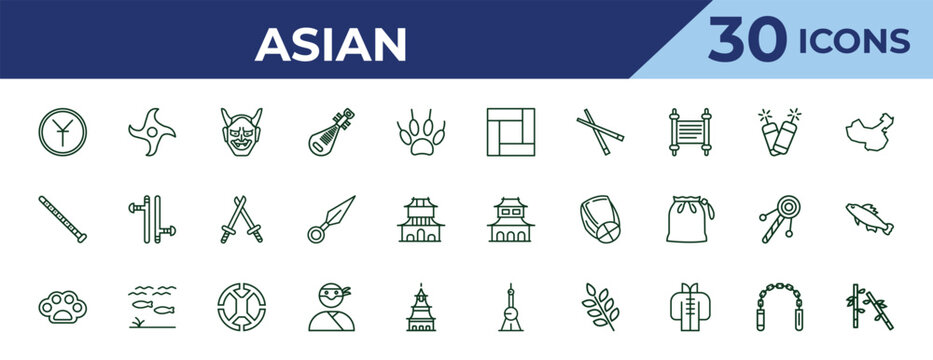 outline asian icons set - tatami, dizi, knuckles. editable vector for web and mobile ui