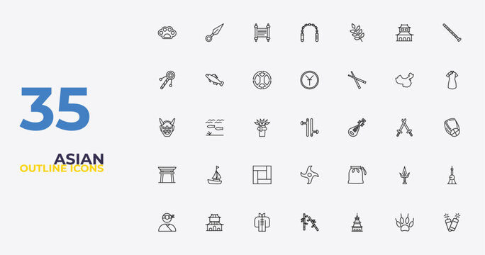 outline asian icons set - yuan, pouch, firecrackers. editable vector for web and mobile ui