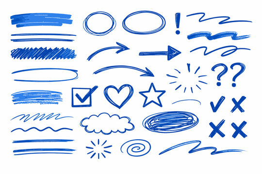 Set of blue hand drawn marker highlights, underlines, and doodle elements. Vector sketch arrows, circles, stars, hearts, checkmarks, and scribbles isolated on white background for graphic design.