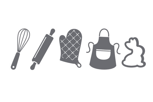 Set of Gray Kitchen Utensils and Baking Tool Icons Featuring a Whisk, Rolling Pin, Quilted Oven Mitt, Cooking Apron, and Rabbit Cookie Cutter for Culinary Projects and Easter Baking Designs