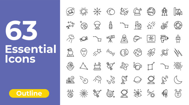 outline astronomy icons set - eccentricity, big dipper, big moon. editable vector for web and mobile ui