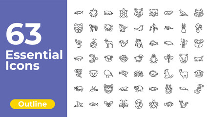 outline animals icons set - tortoise, sparrow, mink. editable vector for web and mobile ui © IconArt