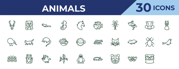 outline animals icons set - piranha, kiwi bird, moth. editable vector for web and mobile ui © IconArt