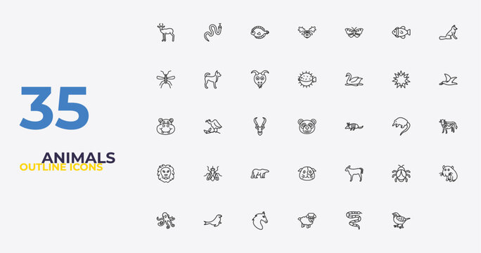 outline animals icons set - puffer, guinea pig heag, sparrow. editable vector for web and mobile ui