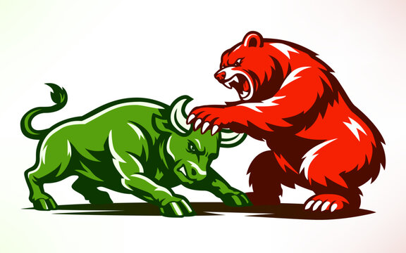 Bull and bear locked in combat, symbolizing the volatility and power struggle of the stock market. Dynamic vector illustration. Ideal for financial articles, or market analysis content.