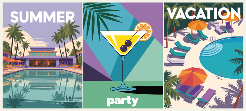 Reto posters with Sunlit poolside vibes with palm trees and tropical hues. Cool cocktails and lounge chairs suggest lazy, joyful days. Bright colors and bold lettering evoke summer celebration