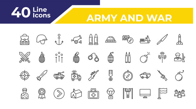 outline army and war icons set - combat, gun shooting, conscription. editable vector for web and mobile ui