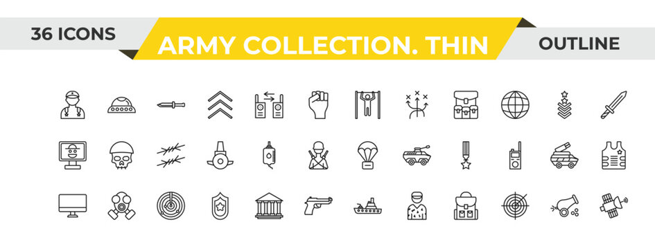 outline army collection. thin icons set - pull up, blood transfusion, radar. editable vector for web and mobile ui