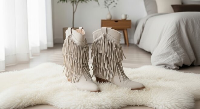White cowboy boots with fringe standing on fluffy rug in bedroom. Trendy western footwear for woman. Stylish bohemian fashion accessories for home interior or closet collection showcase.