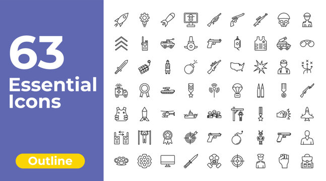 outline army and war icons set - robber on monitor, pistol, civilian. editable vector for web and mobile ui