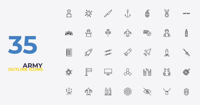 outline army icons set - plane, two way radio, two branches of frame. editable vector for web and mobile ui