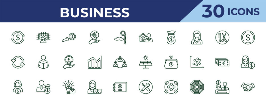 outline business icons set - mortgage and man, synchronization, woman holding big coin. editable vector for web and mobile ui