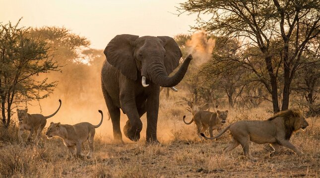 African elephant chasing a pride of lions