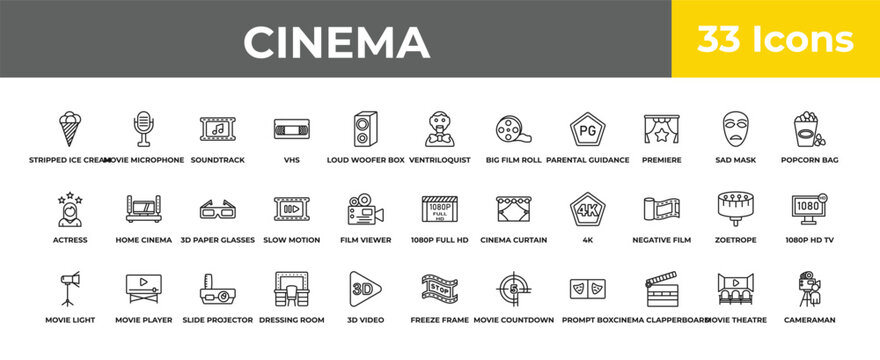 outline cinema icons set - 3d paper glasses, movie player, cameraman. editable vector for web and mobile ui