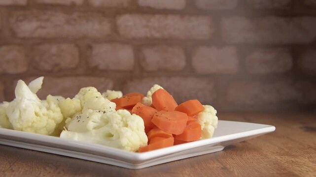 Steamed vegetables, carrots and cauliflower on a rectangular white plate to accompany meat, chicken or fish, on a rustic wooden table, with a brick wall in the background, ready to be seasoned
