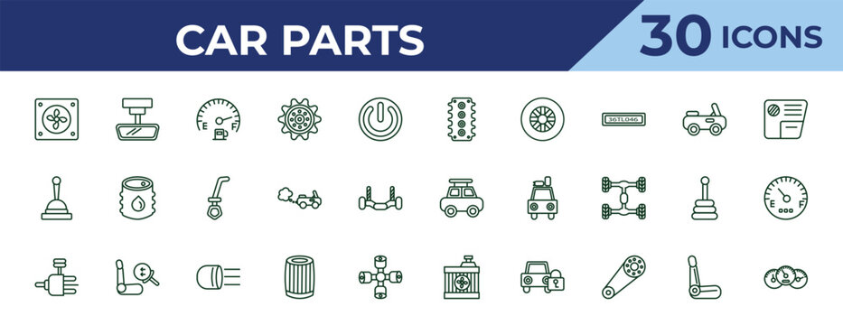 outline car parts icons set - car cylinder head, car handbrake, distributor. editable vector for web and mobile ui